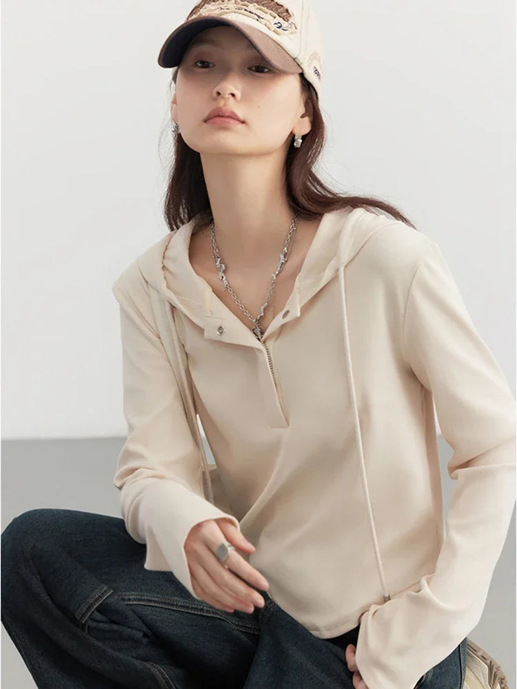 CHIC VEN Women T-Shirts New Casual Hooded Drawstring Layered Long Sleeved Slim Woman Knit Tees Female Tops Spring 2024
