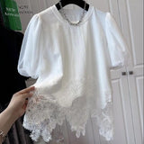 White Woman T Shirts Fashion Irregular Tees Oversized Tops O-neck Short Sleeve Patchwork Lace T-shirt Summer Korean Camisetas