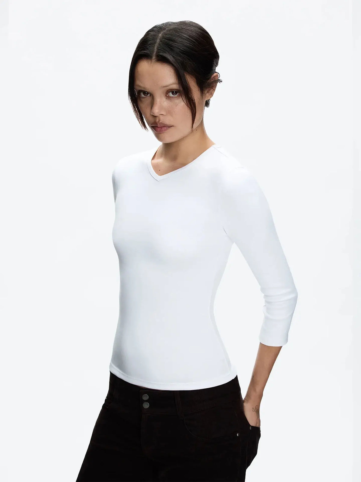 Tank White, Gray-Blue, Small V-Neck, Regular Shoulder, 3/4-Length Sleeve Top, Black Tight, Waist-Cinching T-Shirt as a Base Laye