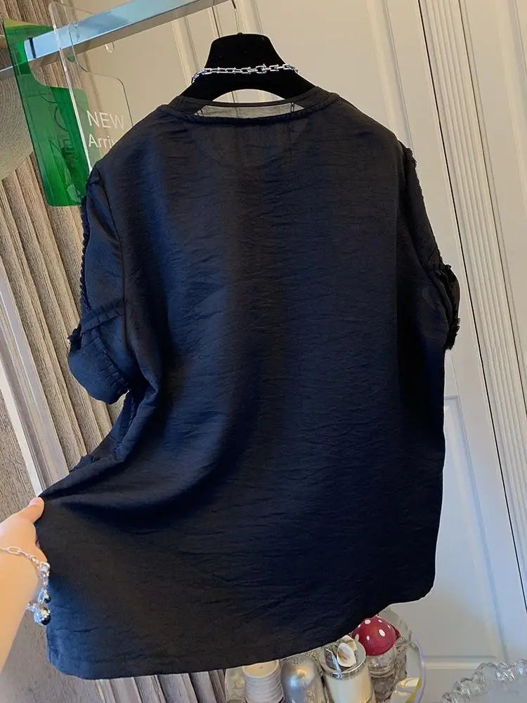 Elegant Check Patchwork Blouse Women Short Sleeve T-shirt 2025 Summer T-shirt Fashion Loose Casual O-neck Tops