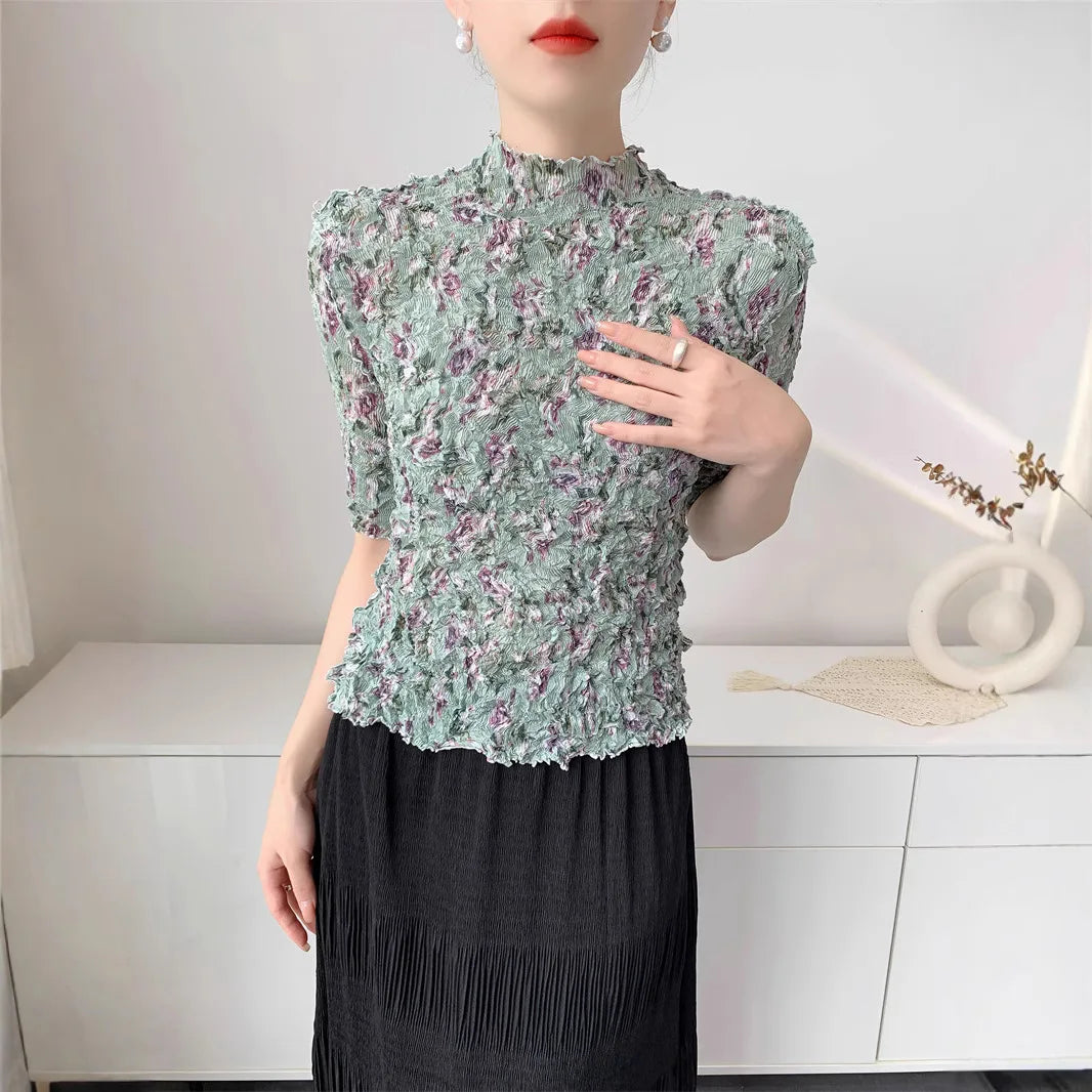 Miyake Style Handmade Pleated Top for Women 2025 Summer New Comfortable Casual Slit Loose Round Neck Short-sleeved T-shir Woment