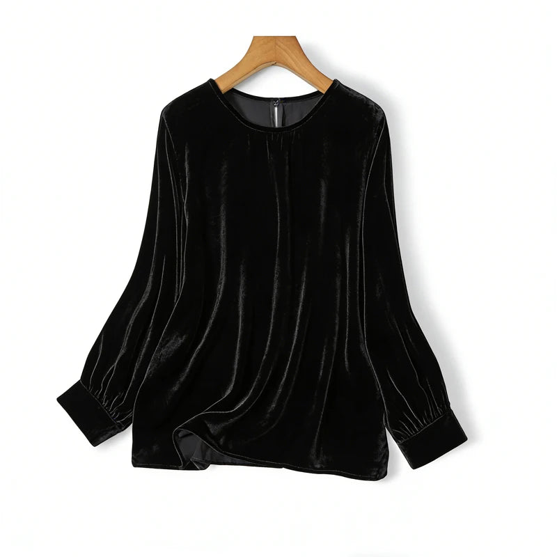 2026 Women's Fashion Spring New Clothing 30% Natural Mulberry Silk Velvet Round Neck Long Sleeve Solid Color Versatile T-shirt