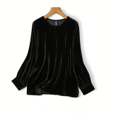 2026 Women's Fashion Spring New Clothing 30% Natural Mulberry Silk Velvet Round Neck Long Sleeve Solid Color Versatile T-shirt