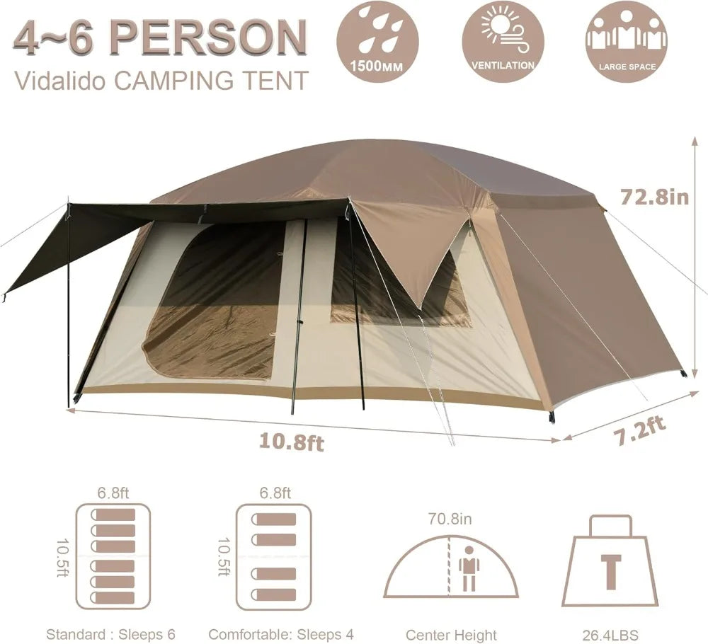 4-6 Person Large Camping Tent with 3 Doors 2 Rooms, Double Layer Waterproof, Portable for Outdoor Hiking Backpacking