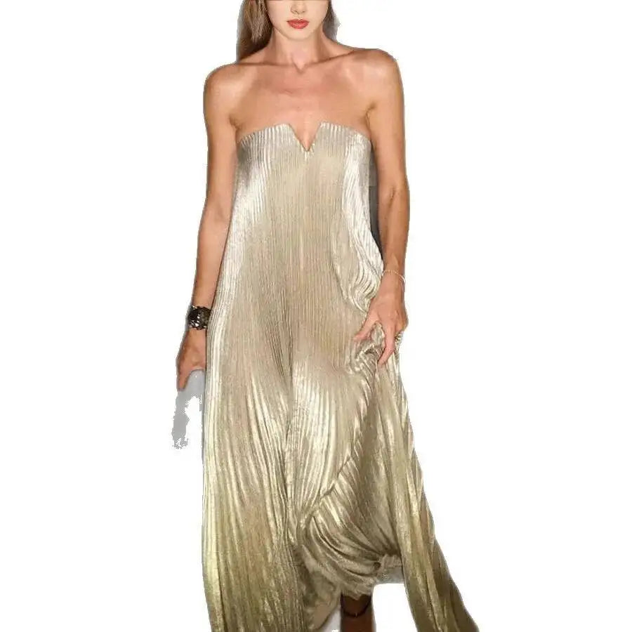 Sexy Strapless High Waist Evening Gown For Women Fashion Off Shoulder Pleated Party Dress Elegant Hollow Sleeveless Long Dresses