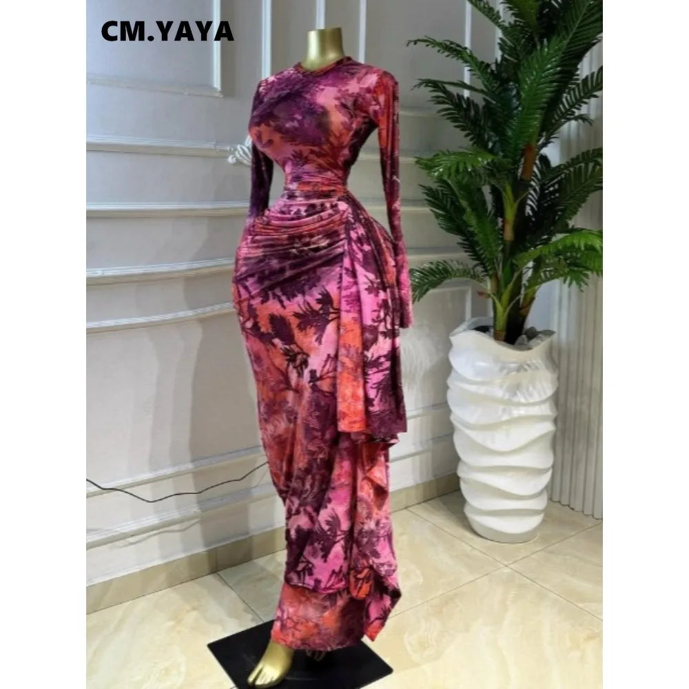 CM.YAYA Women Tie Dye Print O-neck Ruched Ribbon Long Dress 2026 Fall Street Evening Birthday Beach Party Vestidos Sexy Dresses