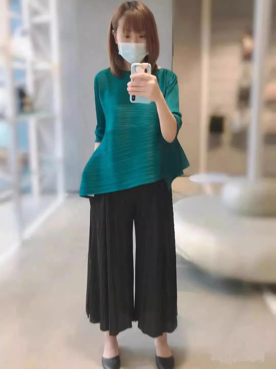 Miyake Pleated Round Neck Irregular Top Women Loose Casual T-shirt