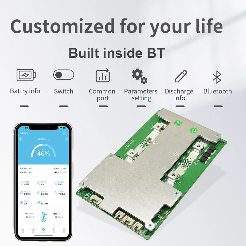 JBD Smart BMS LiFePo4 4S 12V 100A 150A 200A Car Start Power UART Built-in BT Function NMC LFP Battery Balance Protection Board
