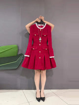 plus Size Color Block Collar Long Sleeve Waist Cinched Little Black Dress Red Elegant Ladylike Dress Commute Style A-Line Skirt
