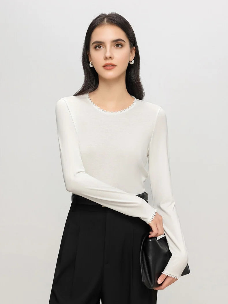 SuyaDream, Women Solid T Shirts, Silk Viscose Blend, Lace O Neck, Long Sleeved Tee, 2025 Spring Autumn Basic Top, Pink, White