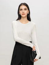 SuyaDream, Women Solid T Shirts, Silk Viscose Blend, Lace O Neck, Long Sleeved Tee, 2025 Spring Autumn Basic Top, Pink, White
