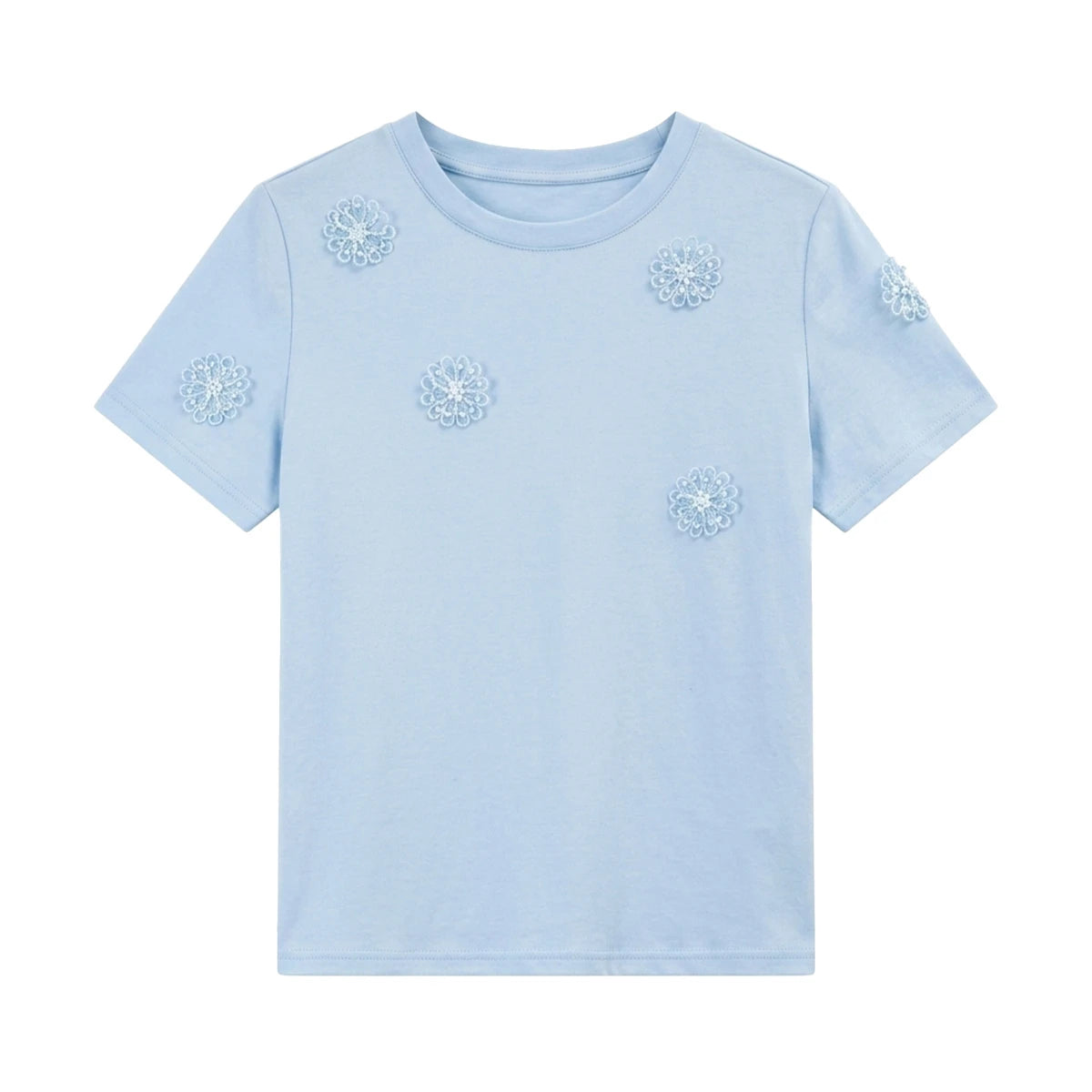 VIMLY Women Summer T-shirt Three Dimensional Flower Blue Round Neck Short Sleeve Tee 2026 New Casual Versatile Top A6663