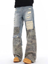 Men's Vintage Distressed Flare Jeans Camo Patchwork Ripped Patch Denim Pants Y2K Street Style Casual Daily Club Wear