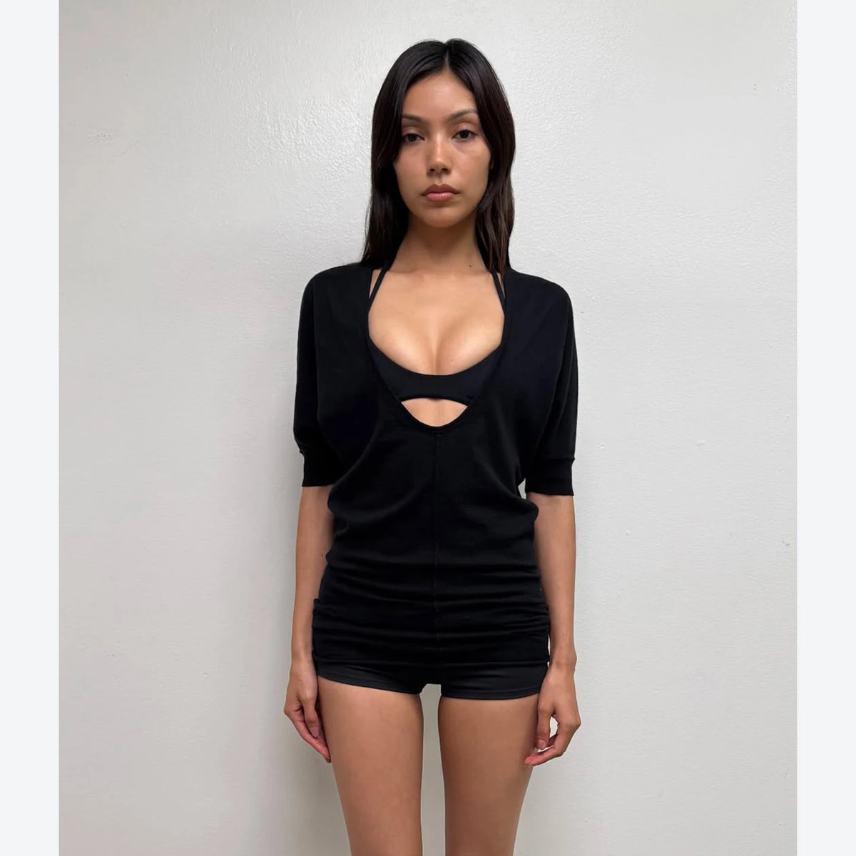 Tank Purple Black Deep V-Neck Knitted Top Can Be Worn In Both Front And Back, With Mid Sleeves And A Long T-Shirt Skirt