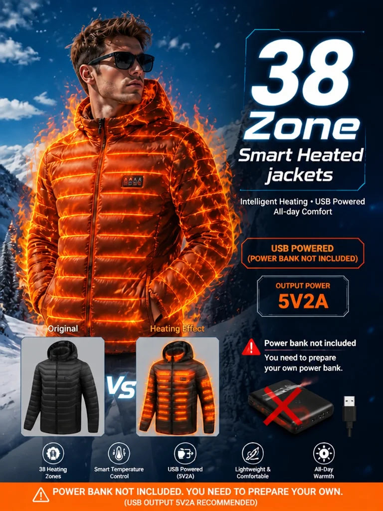 Men's Intelligent Heating Jacket 39 Heating Zones Four Temperature Control Settings Outdoor Cold Resistance Winter Hat Included (Battery Not Included)