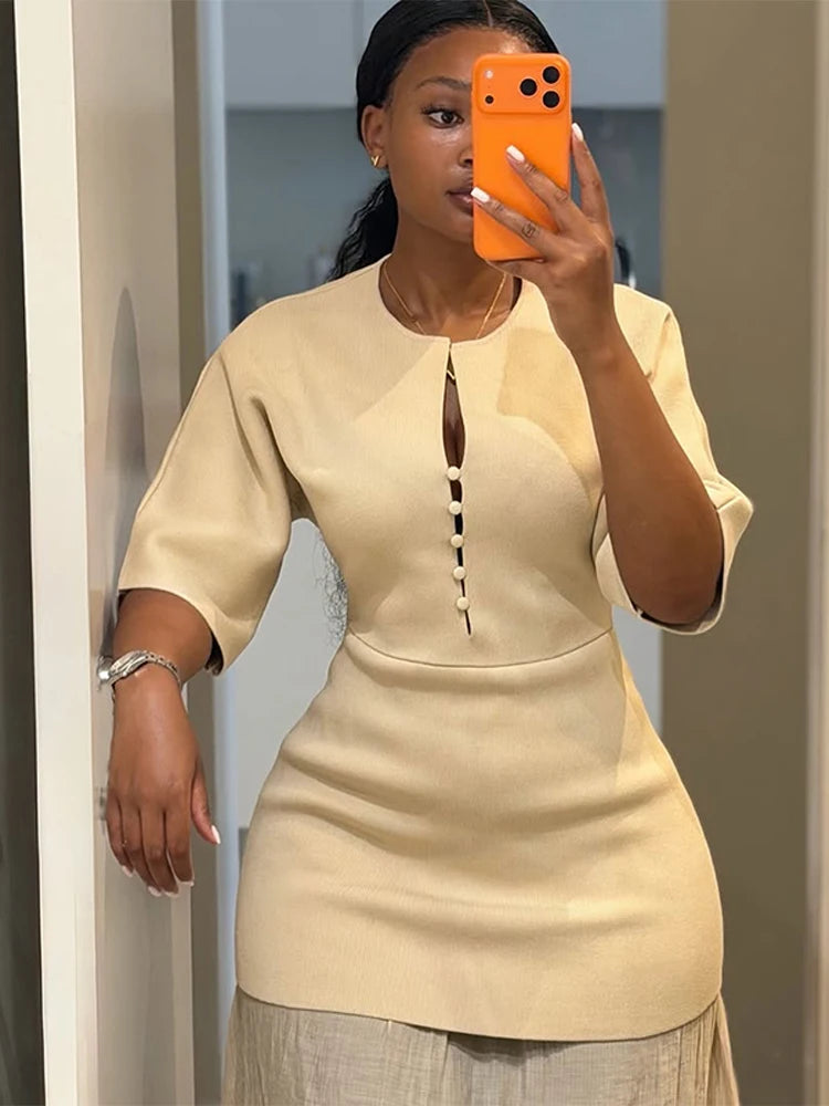 Crew Neck Short Sleeve Buttoned Paneled Midi Dress Fitted Bodice Flowing 2026 Spring Women Knit Skirt Fashion Elegant Lady Gown