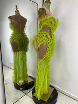 Women Luxury Green Prom Gowns Sleeveless Turtleneck Rhinestones Mesh Ruffles Transparent Maxi Long Evening Party Stage Costumes