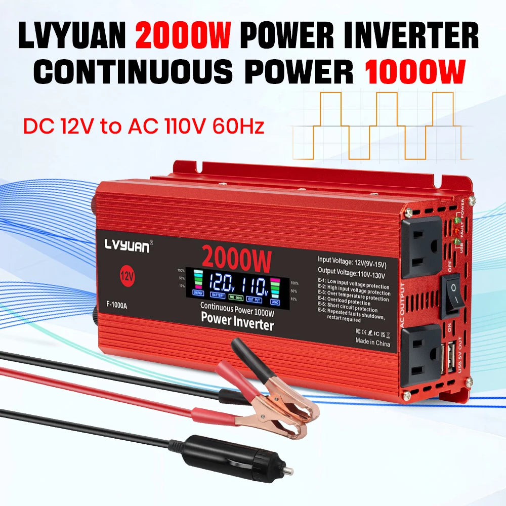 2600W 2000W 1500W Car Inverter 12V 110V Power Inversor Smart LCD Display Power Supply for Outdoor Camera/Phone/Drone Charging