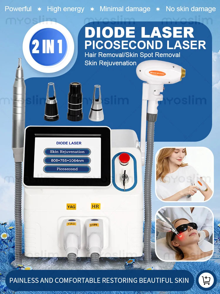 2 IN 1 Diode Laser PicoSecond Laser Machine 808nm 755nm 1064nm Hair Removal Tattoo Removal Skin Rejuvenation Beauty Device