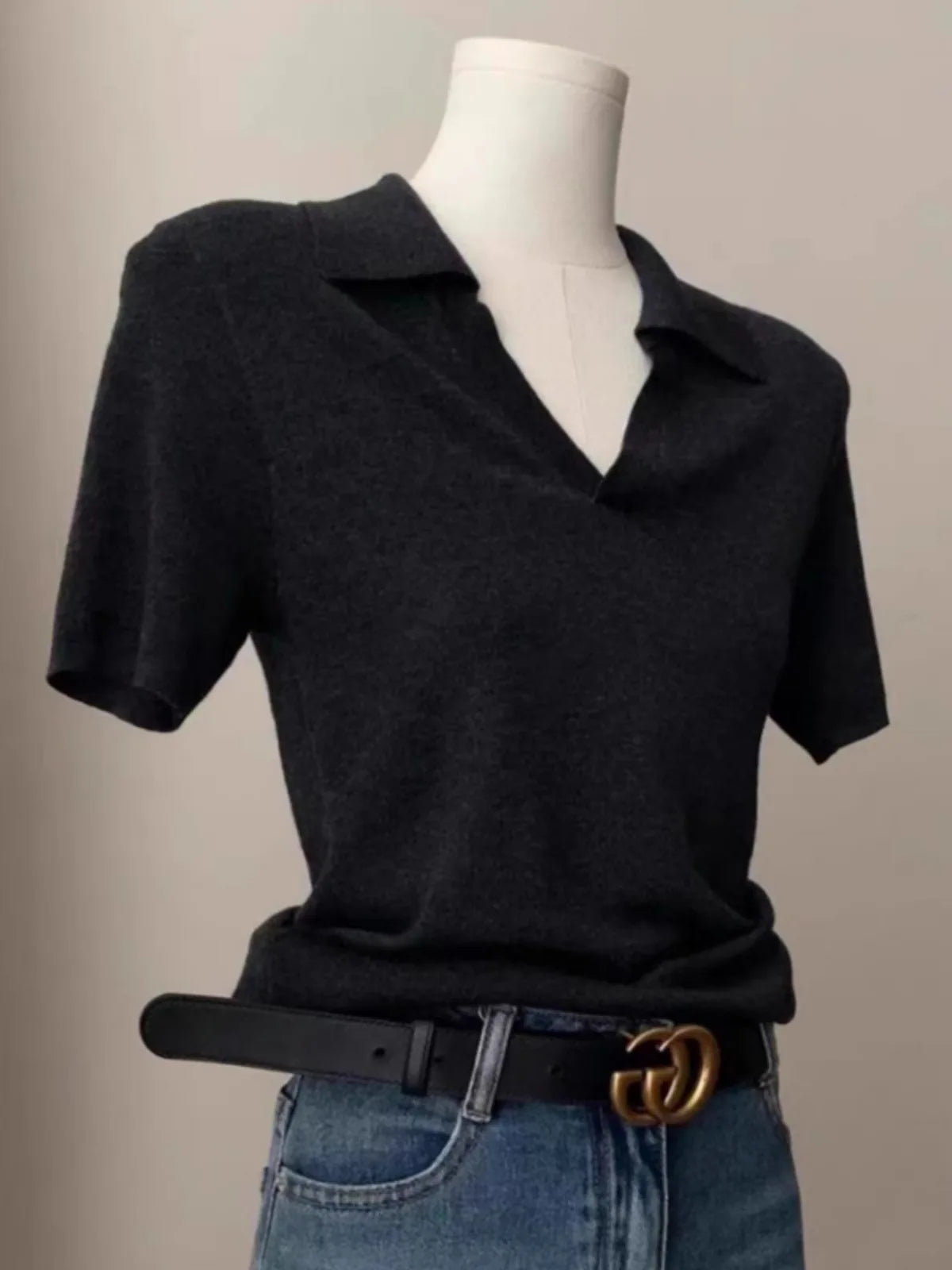 French short shoulder sleeve women's lapel knit top women's spring and summer thin ice silk polo collar of solid color T-shirt