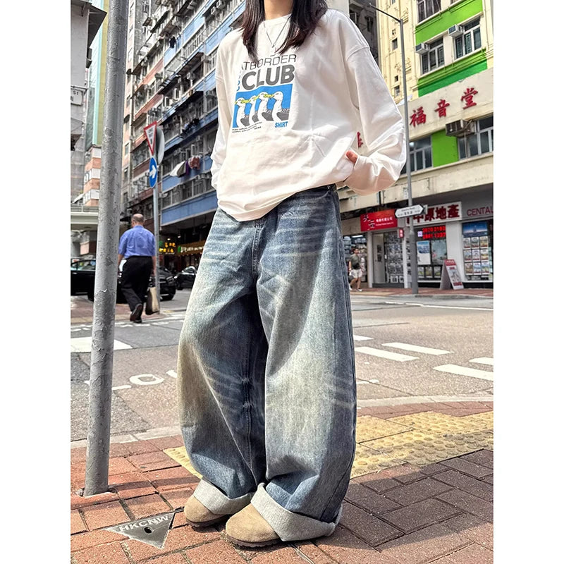 Women's Blue Y2k Oversize Jeans Harajuku Vintage Wide Leg Denim Trousers American Retro 2000s Style Boyfriend Jeans Pants Autumn