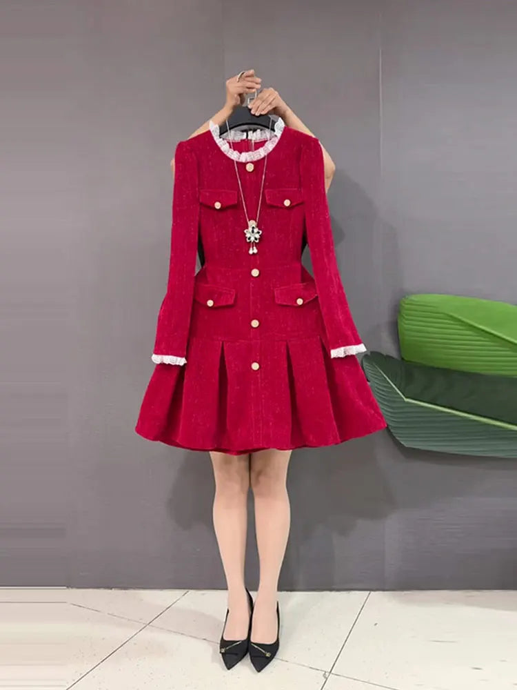 plus Size Color Block Collar Long Sleeve Waist Cinched Little Black Dress Red Elegant Ladylike Dress Commute Style A-Line Skirt