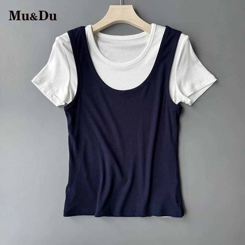 Summer Fake Two Piece t shirts for woman White Lining Splicing Color Casual Fashion Top Trend Camisole T-shirt y2k ropa
