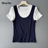 Summer Fake Two Piece t shirts for woman White Lining Splicing Color Casual Fashion Top Trend Camisole T-shirt y2k ropa