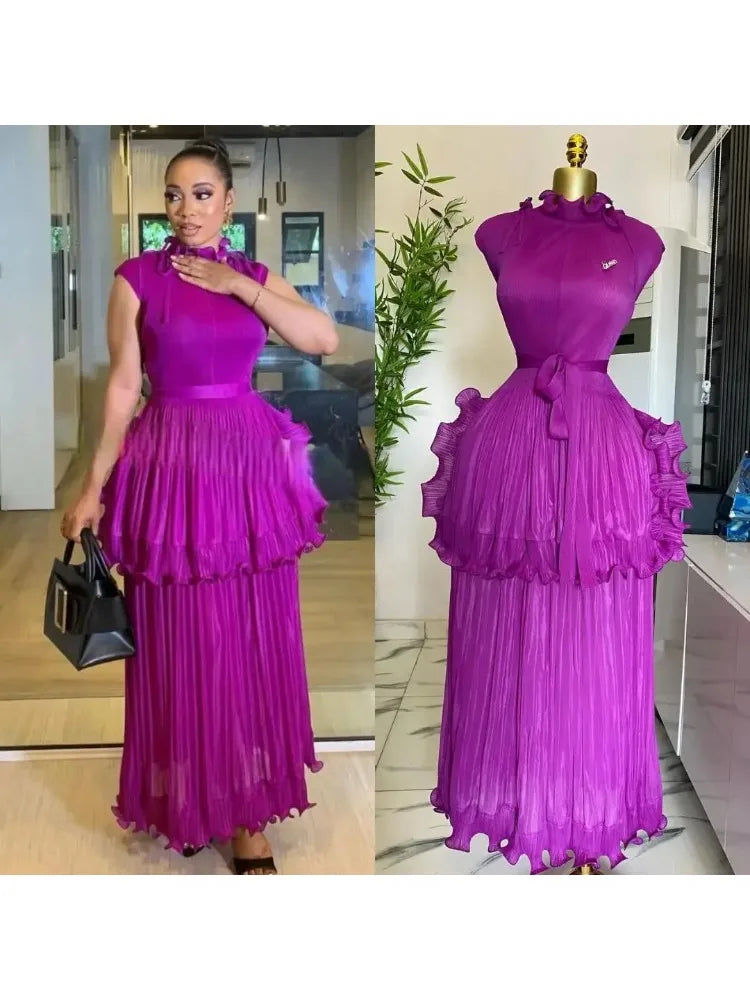 Miyake Pleated Ruffle Collar Dress with Temperament, Solid Color Sleeveless Ball, Elegant Plus Size Long Dress, 2025 Summer