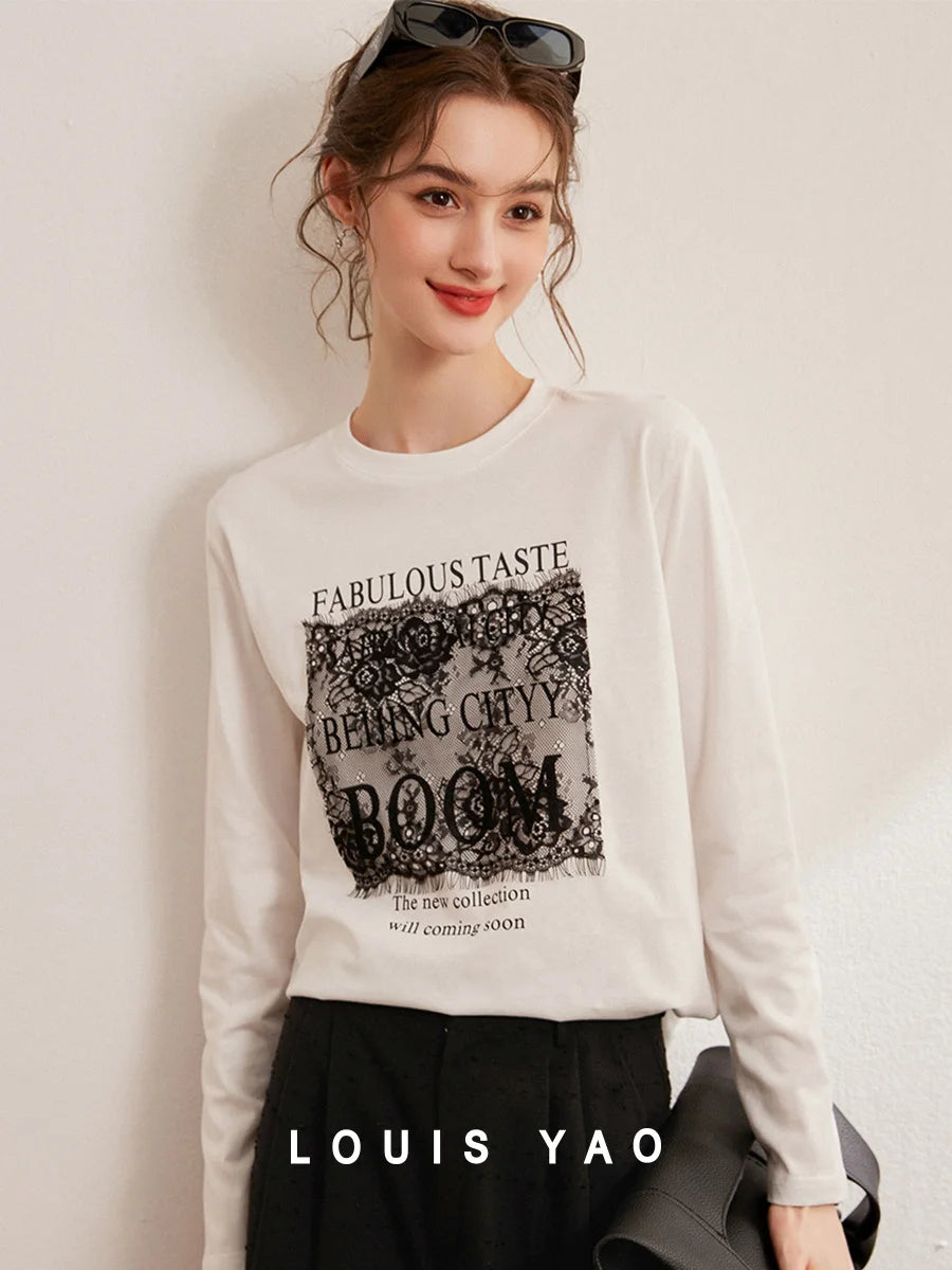 LOUIS YAO Women's T-Shirts 2025 Letter Printed T-Shirts Casual Round Neck Lace Splicing Top Women's Long Sleeve S