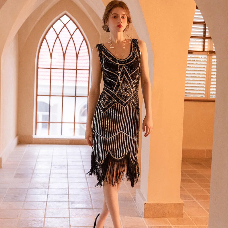 SIDAIMI 1920s Flapper Dress Great Gatsby Dress Round-Neck New Women's Black Sequin Dress Elegant Dress Tassel Party Dress
