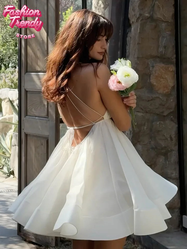Chic Sleeveless Halter Neck Mini Dress Women Backless Off-Shoulder Puff Mini A-line Dresses 2026 Lady Vacation Beach Vestidos
