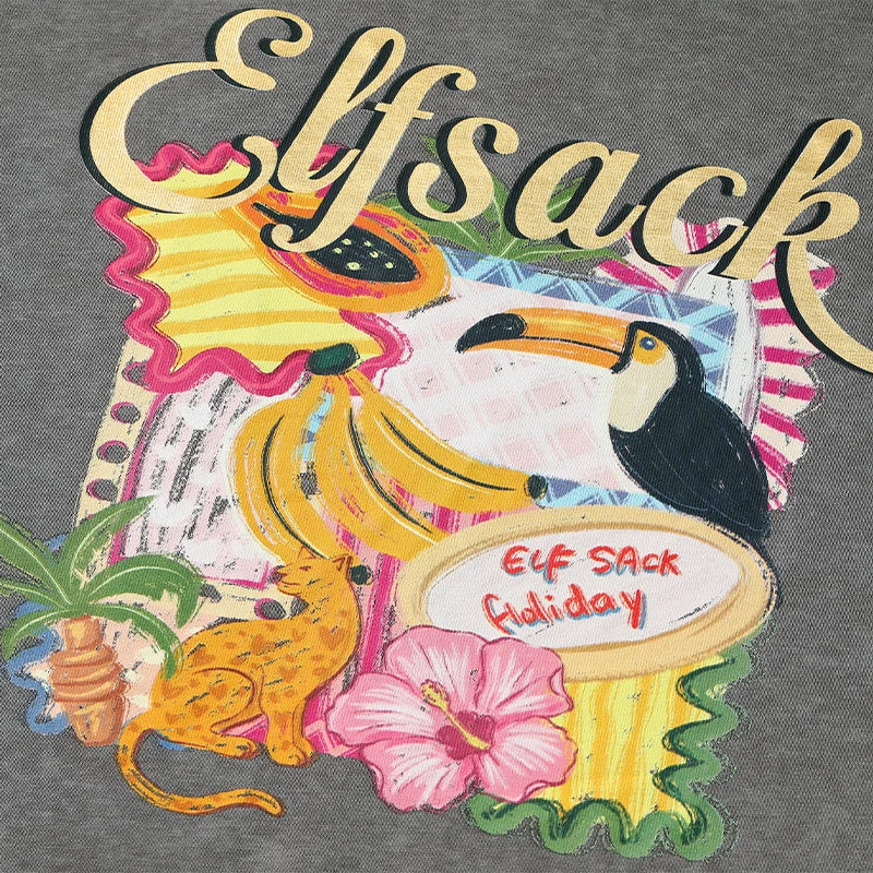 ELFSACK Women's Tropical Graphic Print Tee with Fringe Hem, Crew Neck Cropped Short Sleeve T-shirt for Daily, Loose Casual Tops