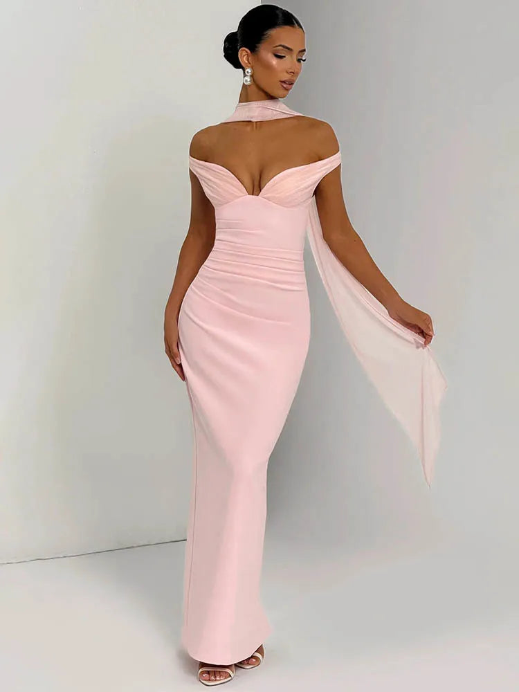 Mozision Scarf Collar Off-shoulder Sexy Maxi Dress Women Gown Fashion With Sleeve Strapless Backless Club Party Long Dresses