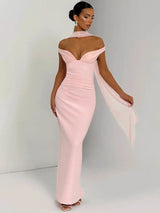 Mozision Scarf Collar Off-shoulder Sexy Maxi Dress Women Gown Fashion With Sleeve Strapless Backless Club Party Long Dresses