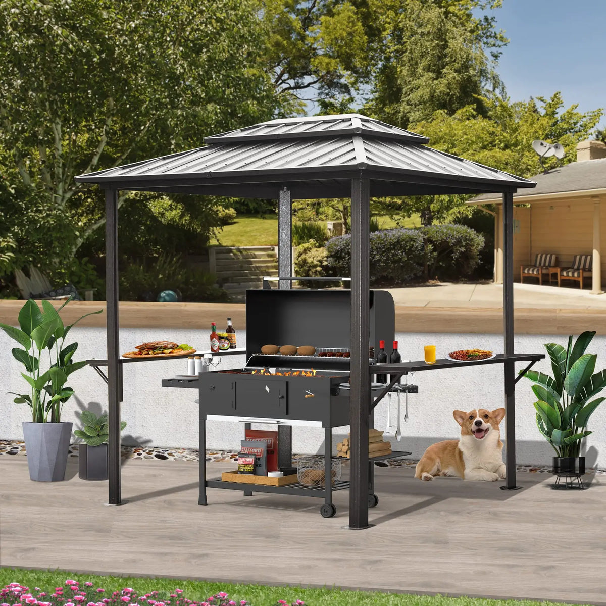 8x5FT Hardtop Grill Gazebo,  Metal Grill Canopy with Galvanized Steel Double Roof for Patio Lawn Patio Backyard Deck, Brown
