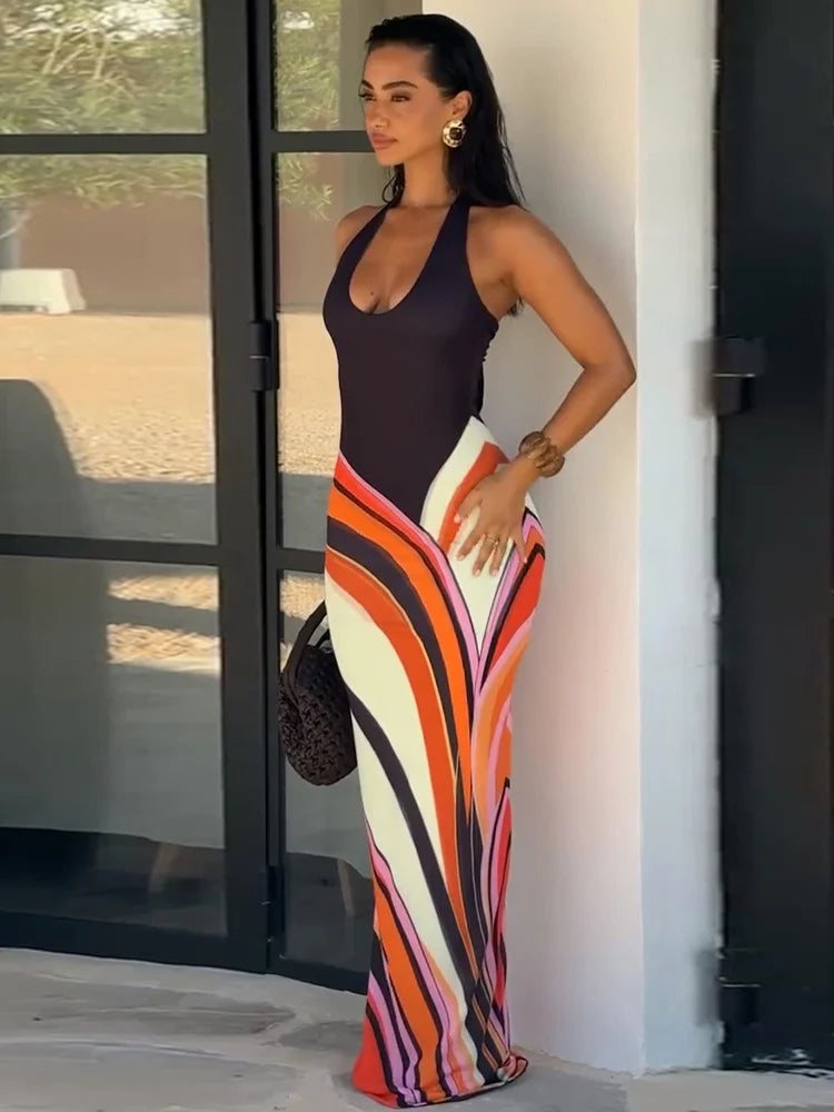 Sexy Contrast Halter Long Dress Women Sleeveless Backless Hip Package Maxi Dresses 2026 Summer Lady Patchwork Vacation Robes