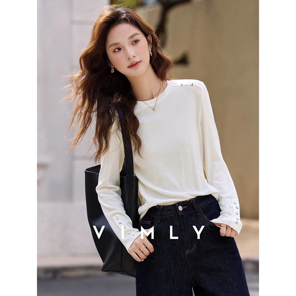 VIMLY White T-shirt Women Basic Minimalist Shell Button Design Long Sleeve Tees 2026 Fall Daily Causal Crew Neck T-shirts A3912