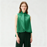 Miyake Pleated High-neck Sleeveless Women Leaf Fold Top