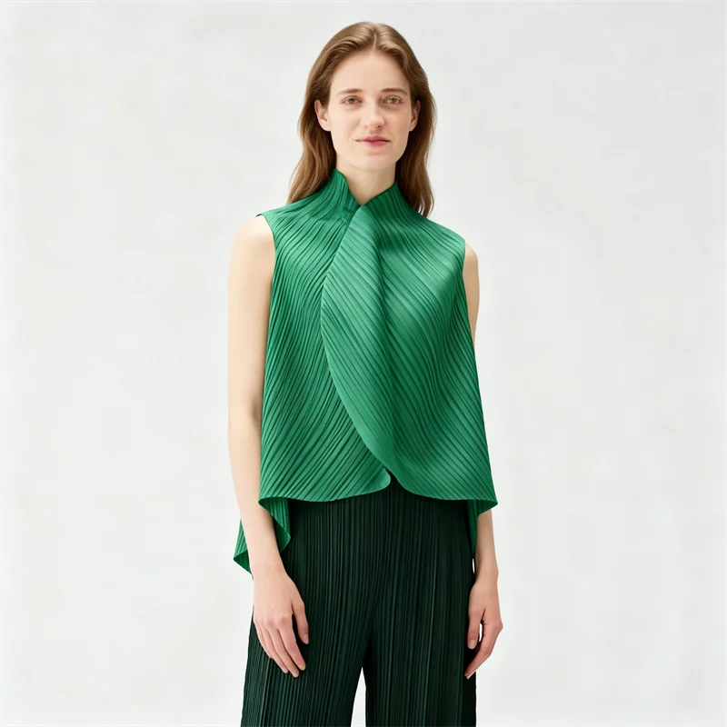 Miyake Pleated High-neck Sleeveless Women Leaf Fold Top