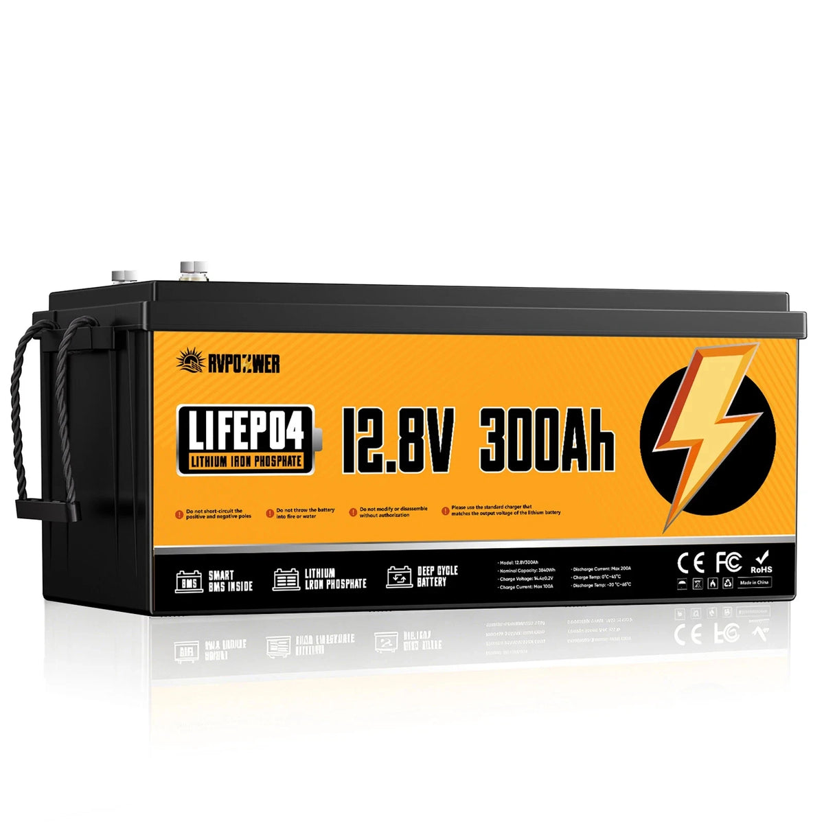RVPOZWER 12.8V 300Ah LiFePO4 Lithium Battery 3840Wh Smart Built-in BMS Rechargeable Storage Battery 15000+ Deep Cycles Portable Iron Phosphate Battery for Off-Grid Solar System RV Camper Trailer Marine Boat Trolling Motor Household Emergency Backup Power