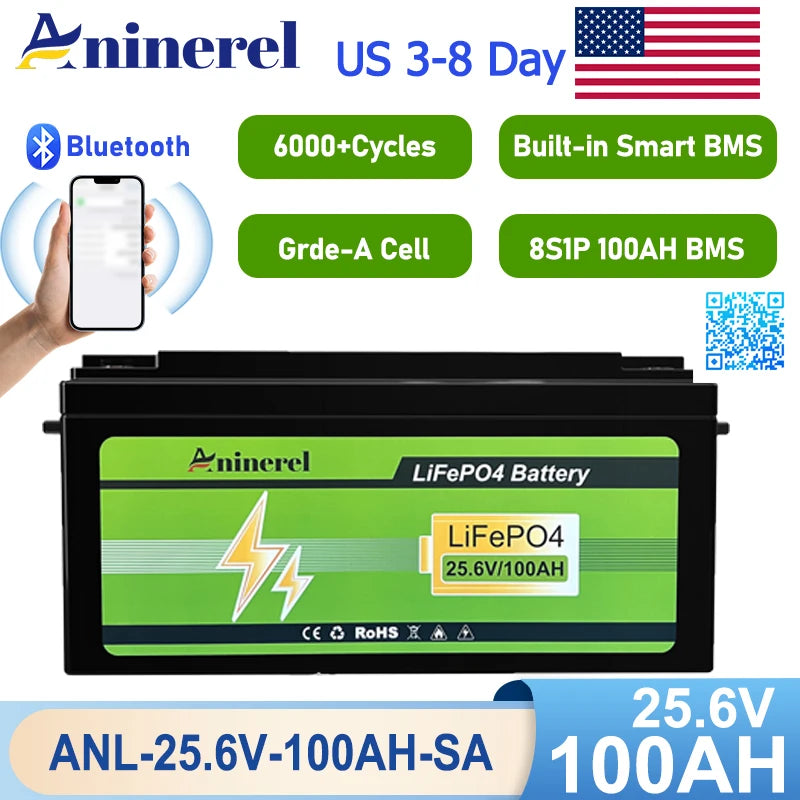 Aninerel 24V 100Ah 2560Wh Lithium LiFePO4 Battery with 100A BMS Perfect for RV Golf Cart Solar Power System Trolling Motor