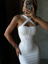 Sexy Halter White Ribbed Midi Bodycon Dress For Women Bandage Dress Elegant Night Out Evening Cocktail Party Dress Summer