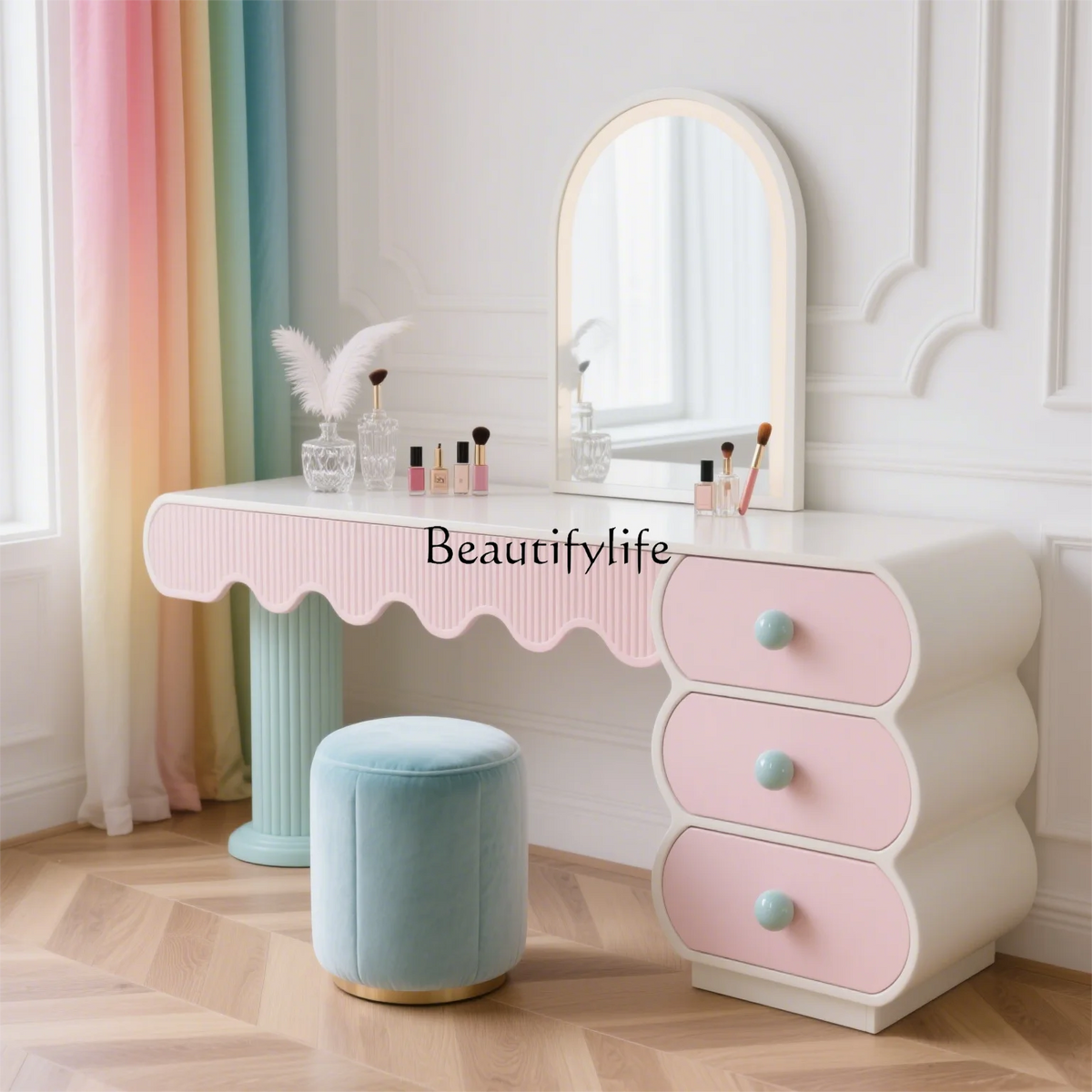 XX39New cream style pink solid wood chest integrated bedroom makeup table storage cabinet