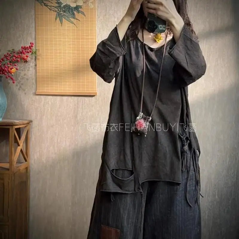 2025 New Arrival Autumn All-matched Good Quality Tops Tees Women Casual Cotton Tassel Design O-neck Long Sleeve T-shirt F64