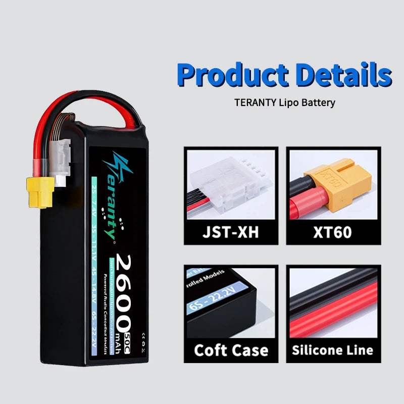 2PCS TERANTY 4S Lipo Battery 14.8V 2600mAh 50C/100C Softcase with T XT60 Plug Car Truck Buggy Helicopter Airplane RC Model Parts
