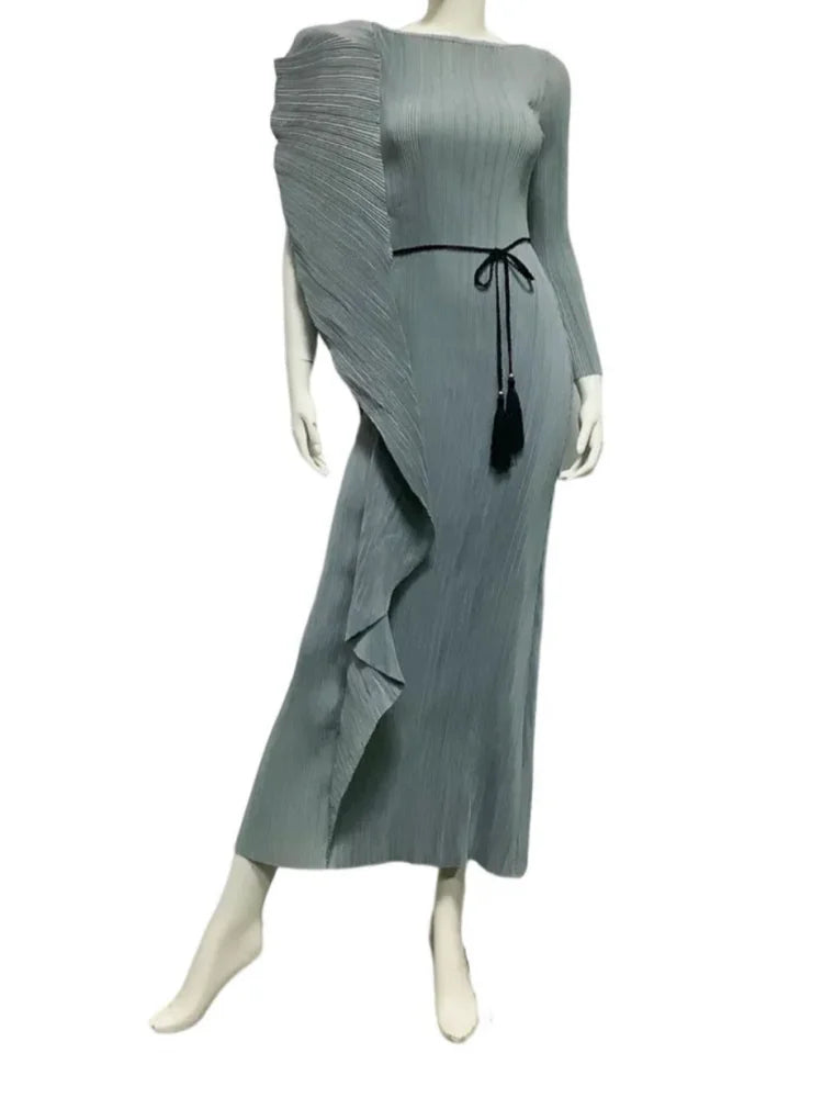 LANMREM Irregular Ruffled Pleated Maxi Dress Women Solid Color Round Neck Women's Elegant Festival Clothing 2024 Summer 2DA1460