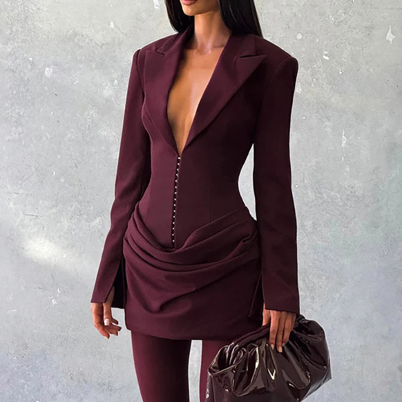 2025 Fashion Solid Color Mini Dress Autumn Winter Sexy Deep V Waist A-line Dress Women Elegant Temperament Pleated Evening Dress