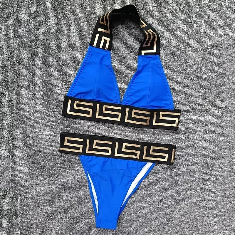 2025 New Women's Hot Stamping Printed Spliced Hanging Neck and Exposed Back Split Bikini Swimsuit