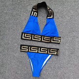 2025 New Women's Hot Stamping Printed Spliced Hanging Neck and Exposed Back Split Bikini Swimsuit